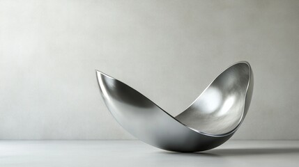 Modern steel sculpture with smooth curves, placed in a minimalist setting, with space for copy.