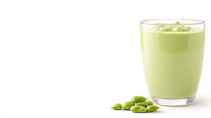 A glass of green bean smoothie with fresh green beans on solid white background, single object