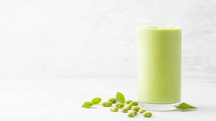 A glass of green bean smoothie with fresh green beans on solid white background, single object