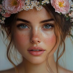 Wall Mural - Close-up Portrait of a Woman with Flower Crown