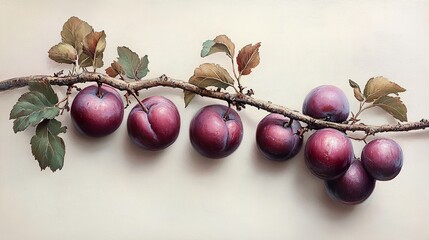 Canvas Print - Close-Up Painting of Ripe Plums on a Branch