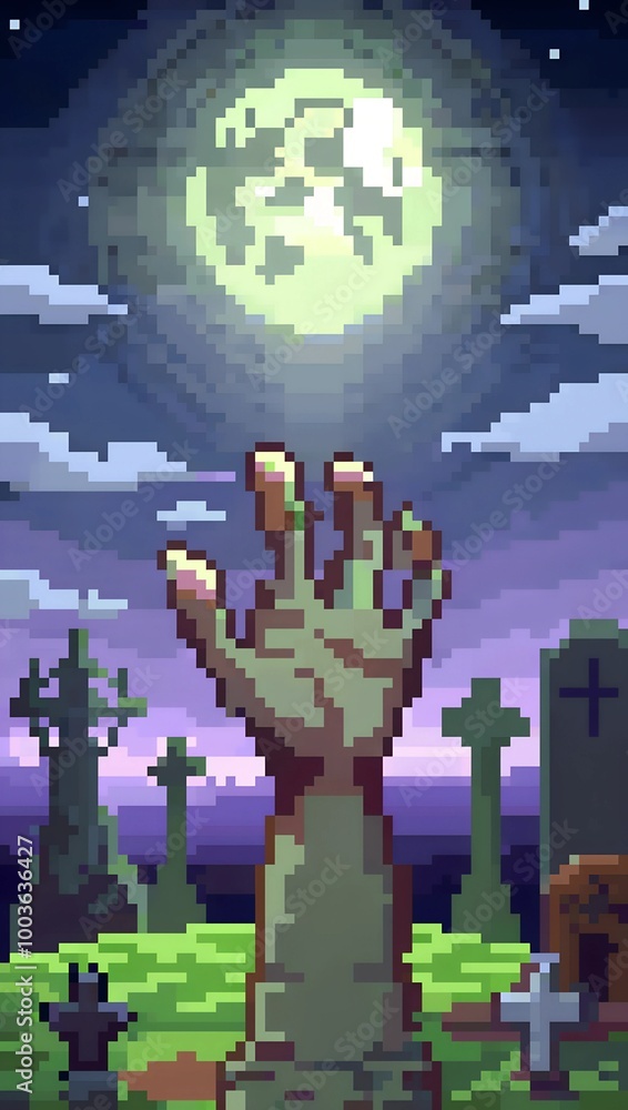 Zombie hand rising from graveyard under full moon pixel art background ...