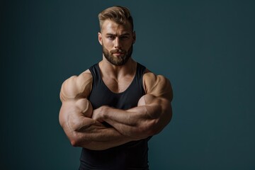 Wall Mural - muscular man confidently presenting with a solid color background, highlighting his fit physique and