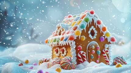 A beautifully decorated gingerbread house with colorful icing and candy decorations, set against a snowy background