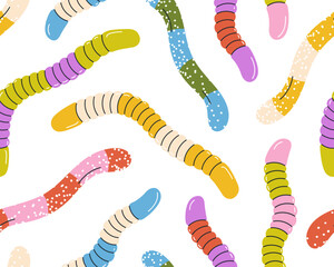 Wall Mural - seamless pattern, gummy worms, jelly candies. sweet chewy confectionery, gum treats, snacks, repeati