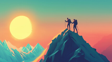 Wall Mural - Hiker helping friend reach the mountain top, Generative Ai illustration
