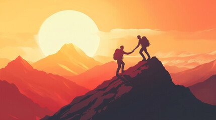 Wall Mural - Hiker helping friend reach the mountain top, Generative Ai illustration
