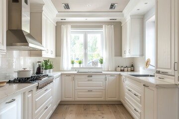 Bright and cozy white kitchen with minimalistic style and elegant finishes