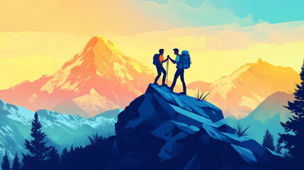 Wall Mural - Hiker helping friend reach the mountain top, Generative Ai illustration
