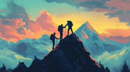 Wall Mural - Hiker helping friend reach the mountain top, Generative Ai illustration
