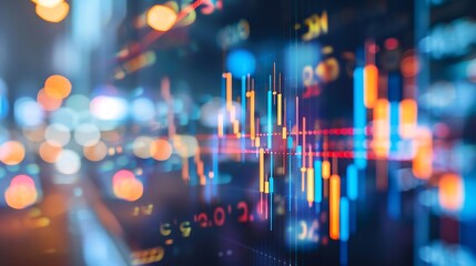 Wall Mural - financial data and charts displayed on a screen with a blurred background of city lights.