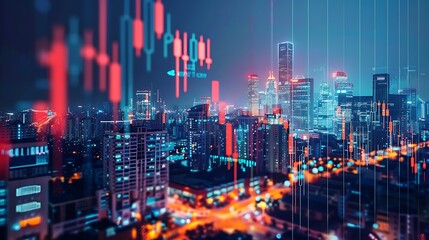 Wall Mural - Cityscape at night with superimposed financial charts, symbolizing the connection between urban life and the financial markets.