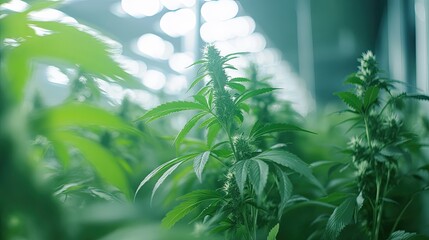 Wall Mural - A lush cannabis field growing under controlled conditions in a commercial greenhouse, with vibrant green leaves basking