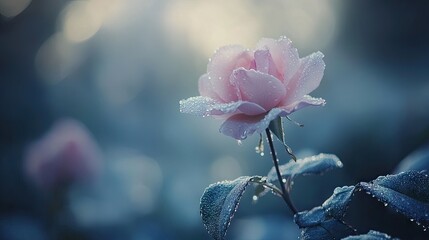 Poster - A single pink rose with dewdrops on its petals, glowing softly in the early morning light, symbolizing purity and fresh beginnings.