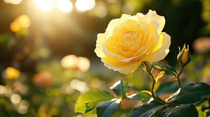 Wall Mural - A vibrant yellow rose glowing under natural sunlight, surrounded by lush green leaves, representing friendship and warmth.