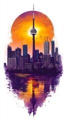 Wall Mural - Stunning sunset over Toronto skyline showcasing and city reflection on calm waters