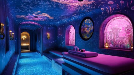 A spa with a blue and purple theme. The walls are painted in blue and purple, and the floor is tiled in blue. There are two bathtubs, one on the left and one on the right