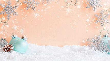 Festive arrangement of blue and silver Christmas ornaments with snow, pinecone, and sparkling decorations on a soft peach background