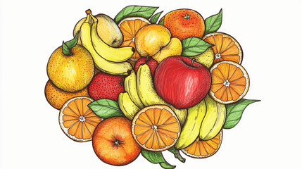 Hand Drawn Food.Colorful hand drawn fruits in doodle style featuring apples, oranges, bananas, Sketch fruits, illustration 
