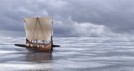 Wall Mural - Viking ship longship 3D render animation distance view in rowing vikings on a sailing ship