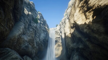 A serene waterfall flowing through a narrow gorge, with smooth rock walls on either side and a clear blue sky above.