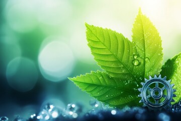 Green Leaf with Gear and Dew Drops