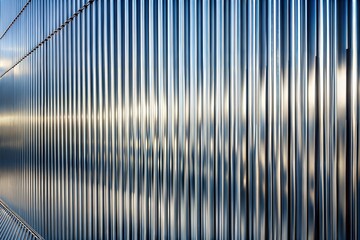 Wall Mural - Reflective corrugated metal wall close-up with abstract sunlight pattern