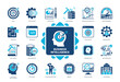 © Genestro - Business Intelligence icon set. Strategy, Management, Benchmarking, Data Analysis, Efficiency, Data Mining, Reporting, Market. Duotone color solid icons