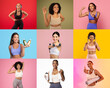 © Prostock-studio - A group of women participates in diverse fitness activities against colorful backgrounds, highlighting their enthusiasm for health and wellness through smiles and dynamic poses.