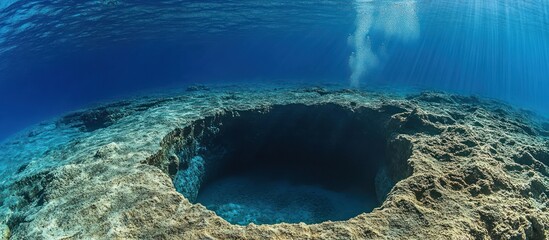 Wall Mural - Underwater view of a large hole in the seafloor with light beams shining through the water.