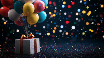 An illustration, a gift box, golden confetti, balloons and ribbons,  design, banner. AI generation.