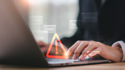 programmer and virtual icons , exclamation mark ,alarm,computer virus detected ,danger warning conce