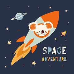 Wall Mural - Flat vector illustration in children's style. Cute kofla in a rocket flying in space, stars and planets. Adventure Space Inscription . Vector illustration