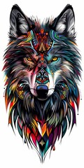 A stunning, colorful wolf illustration featuring intricate tribal patterns and vibrant details, perfect for artistic and creative projects.