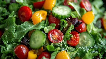 Photography of a fresh salad with a vibrant mix of greens, cherry tomatoes, cucumbers,