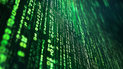 Green digital binary data on computer screen background. Matrix style

