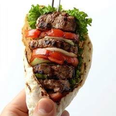 Holding a kebab, isolated on a white background, ready for a delicious meal.