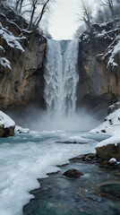 Wall Mural - snowy waterfall with a stream running through it in a forest