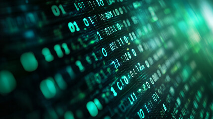Green digital binary data on computer screen background. Matrix style
