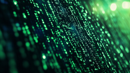 Green digital binary data on computer screen background. Matrix style
