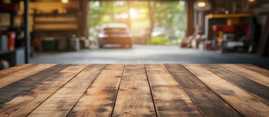 Poster - Wooden table top with blurred garage background.