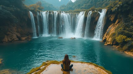 Top view of Ban Gioc Detian waterfall in Vietnam China border. The most beautiful waterfall in Southeast Asia. Nature background 