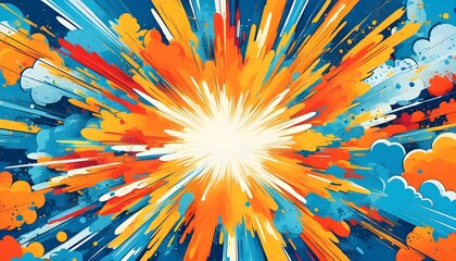 Wall Mural - Dynamic superhero-themed birthday card with vibrant comic explosion backgrounds in orange and blue bursts, featuring bold pop art style elements.