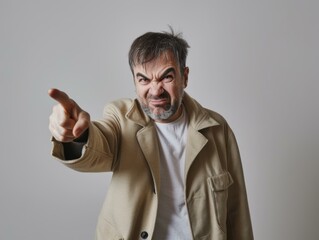 Canvas Print - A man points his finger with an angry expression. AI.