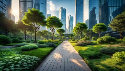 Wall Mural - Eco-friendly urban design featuring green spaces intertwined with corporate architecture, promoting environmental sustainability and ESG principles.