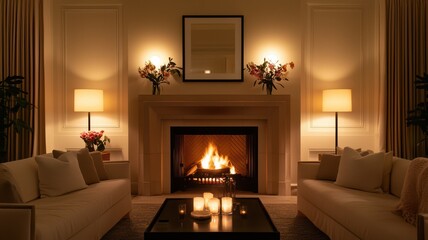 Wall Mural - A cozy living room scene with a fireplace, soft lighting, and elegant decor, creating a warm and inviting atmosphere.