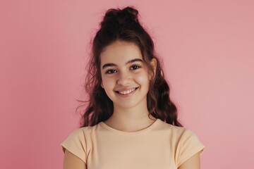 Wall Mural - Smiling teenage girl on pink background. Caucasion teenager with happy facial expression. Casual attire, relaxed posture, joyful mood. Teenage girl portrait with bright smile.