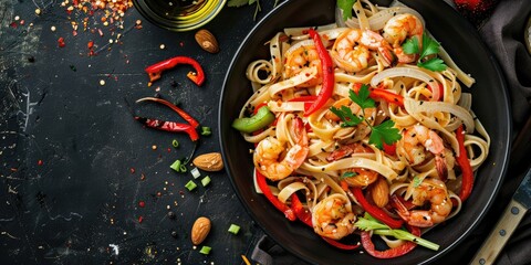 Close-up overhead shot of appetizing seafood pasta featuring shrimp and fettuccine, accompanied by fresh red peppers, onions, carrots, celery, cashews, and almonds, topped with olive oil and soy sauce