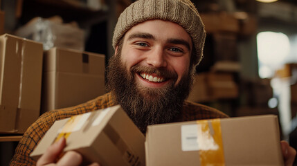 Man with beard working at small business ecommerce holding packages smiling with a happy and cool smile on face