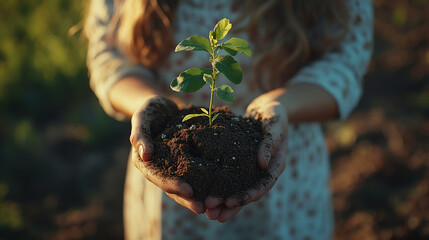 Unrecognizable woman holding a green seedling growing in soil. Anonymous female organic farmer protecting a young plant in her garden. Sustainable female farmer planting a sapling on her farm.